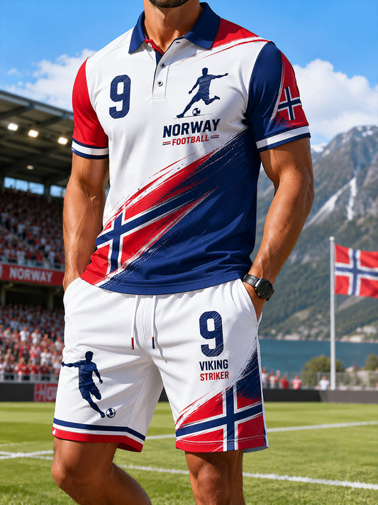 Herresett med poloskjorte og shorts med kortermer, prydet med fotballmotiv