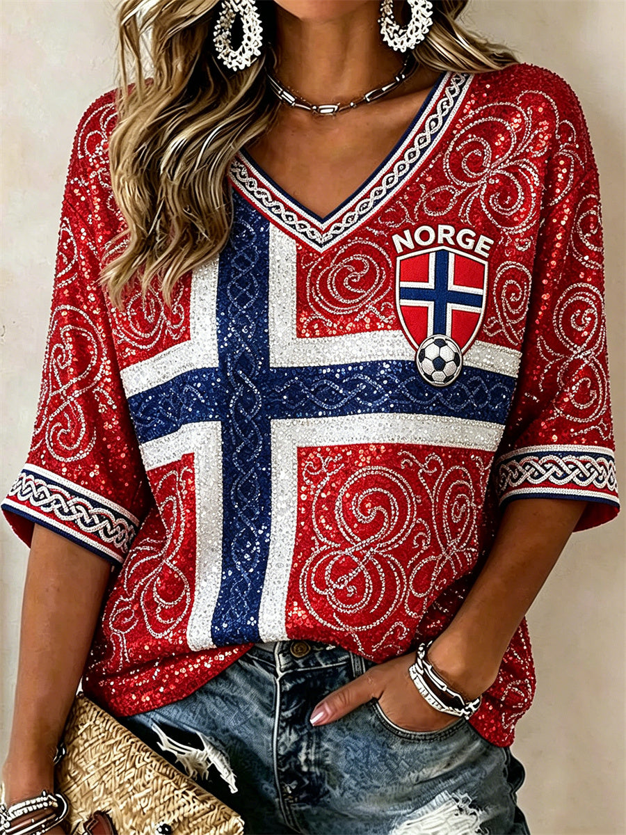 Kvinnelig Norge-fotball vikingkeltisk knuteflagg-inspirert glitrende trykk midtlange ermer V-utringning t-skjorte