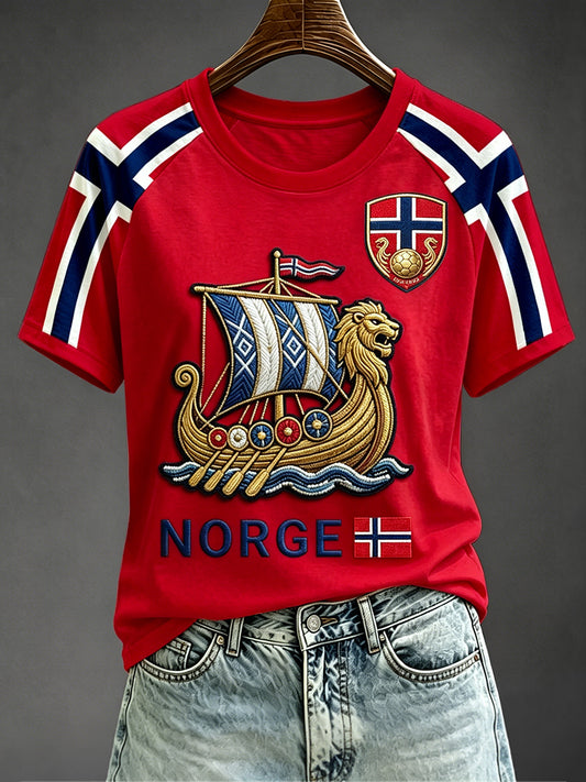Kvinner fotball Inspirert Viking langskip Skriv ut rund hals Kort erme T-skjorte