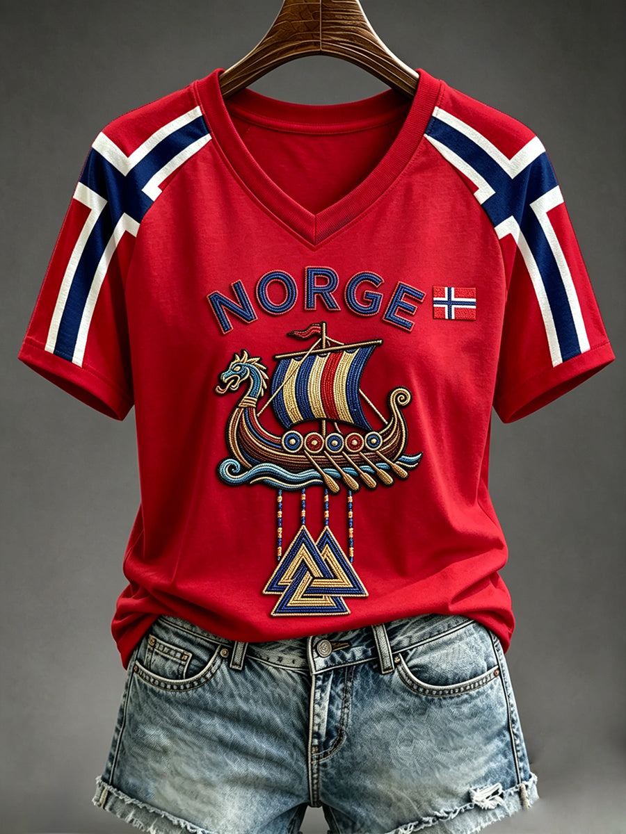 Kvinner Viking langskip kunst Norsk Flag Print V-hals Kort-ærmet T-skjort