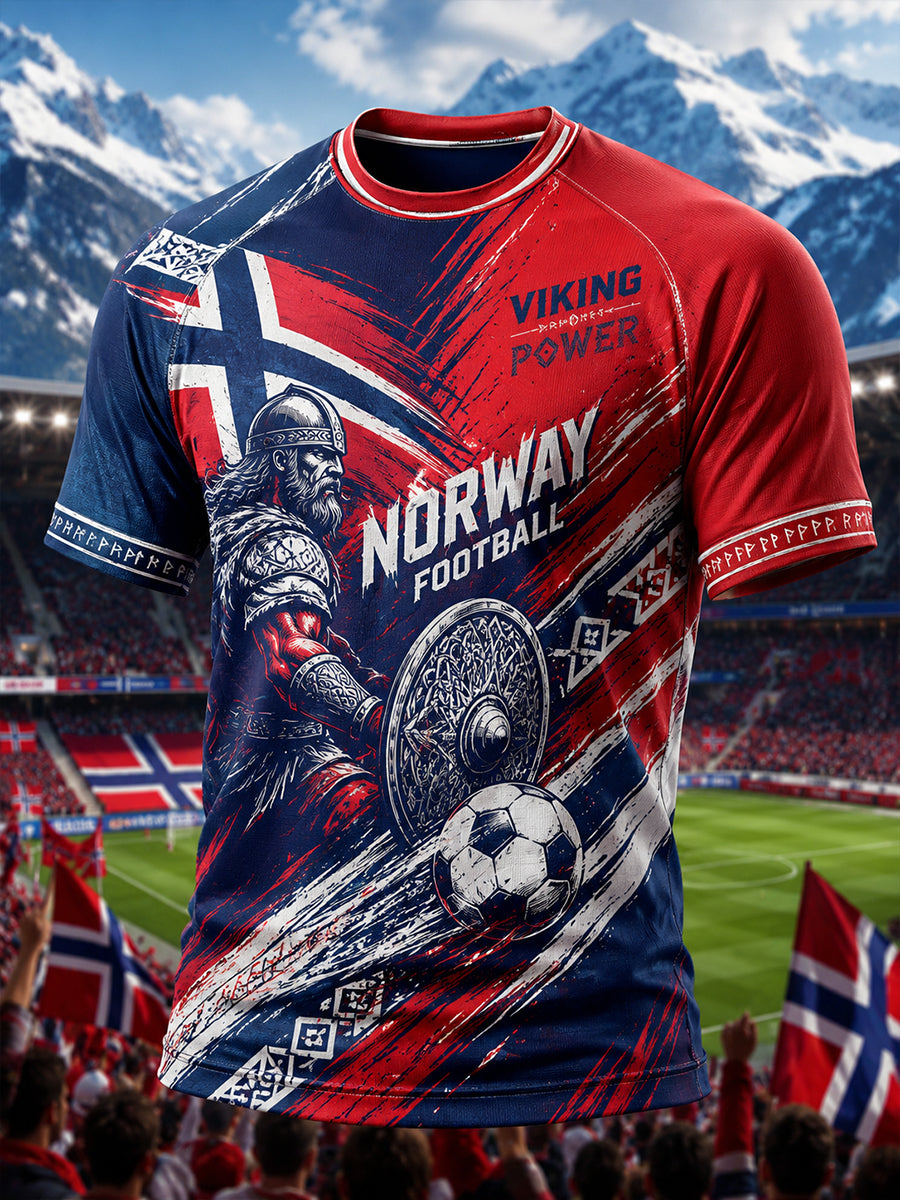 Herrers raglanskjorte med viking- og fotballmotiv, kortermet t-skjorte