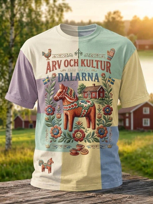 Mansvintage T-shirt med traditionell svensk dalahästtryck
