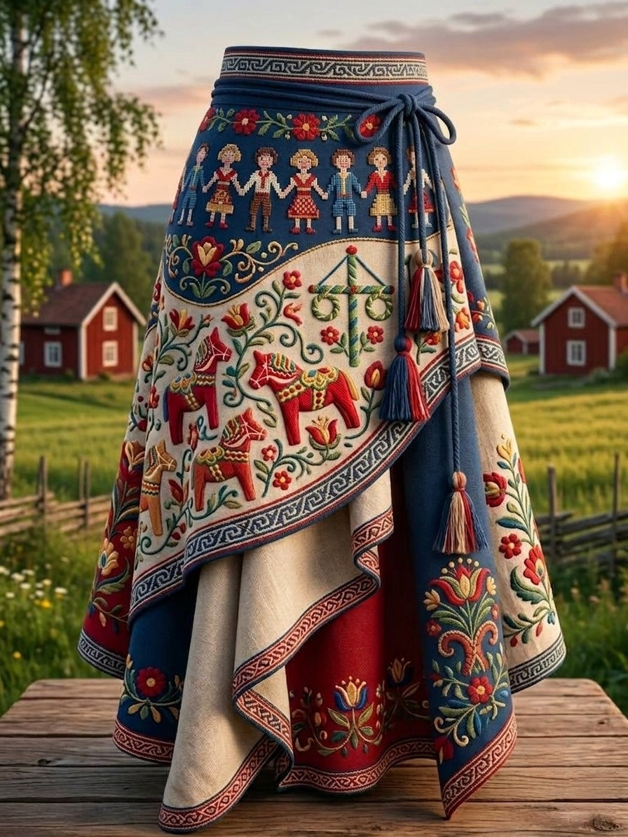 Damen Vintage Traditionell Svensk Dalahäst-tryckt Oregelbunden Kjol