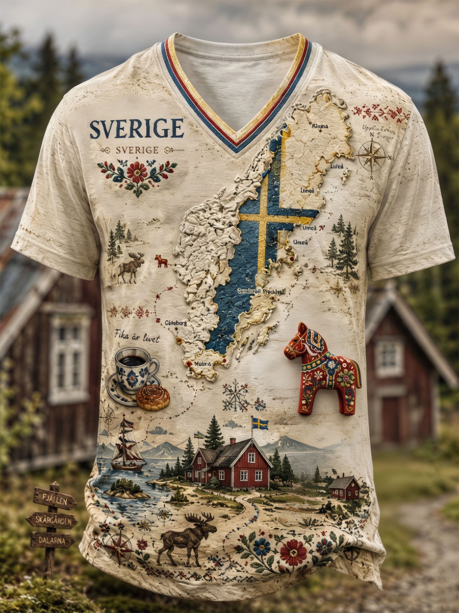 Mäns svenska djurkarta V-Hack T-shirt