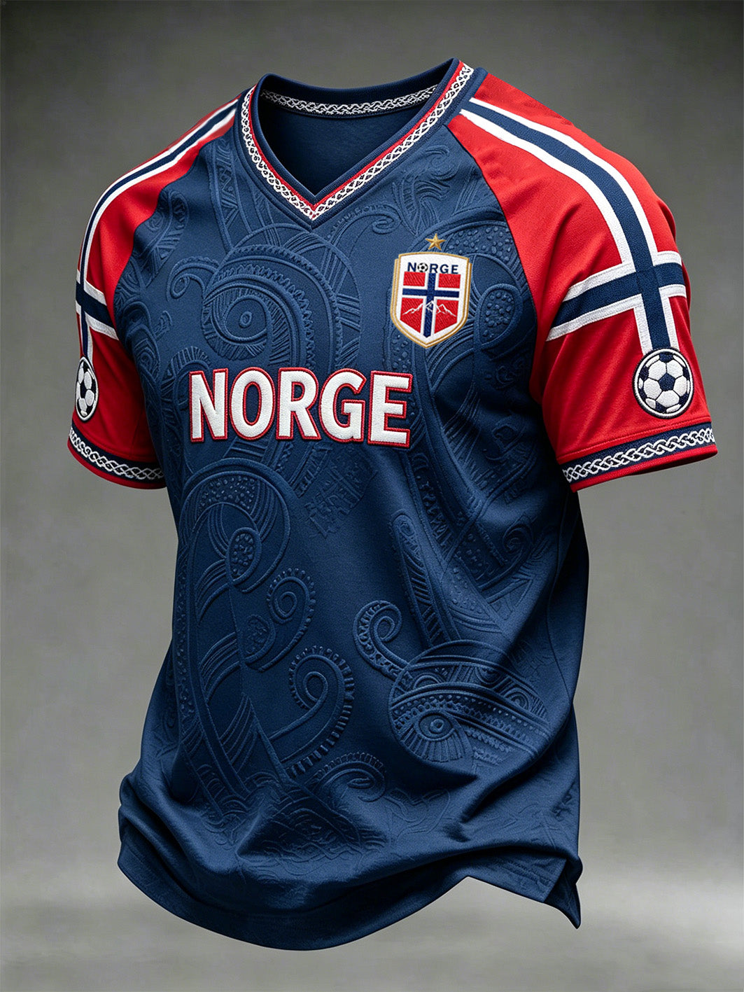 Menns NORGE Viking-mønster fotballfan kunst print V-hals T-skjorte