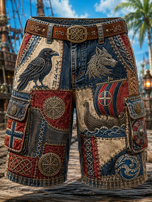 Vintage-stil norsk viking-, skandinavisk- og nordisk kunsttrykk, uformelle shorts
