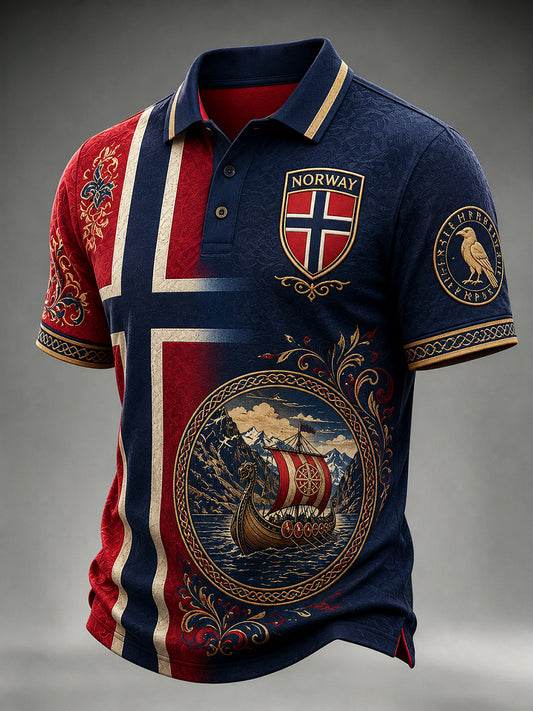 Norsk viking-, skandinavisk- og nordisk kunsttrykk i vintagestil – uformell poloskjorte