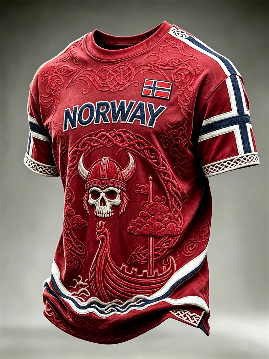 Herrer Norge vikingkriger hodeskalle og skip keltisk knute flaggtrykk t-skjorte med korte ermer