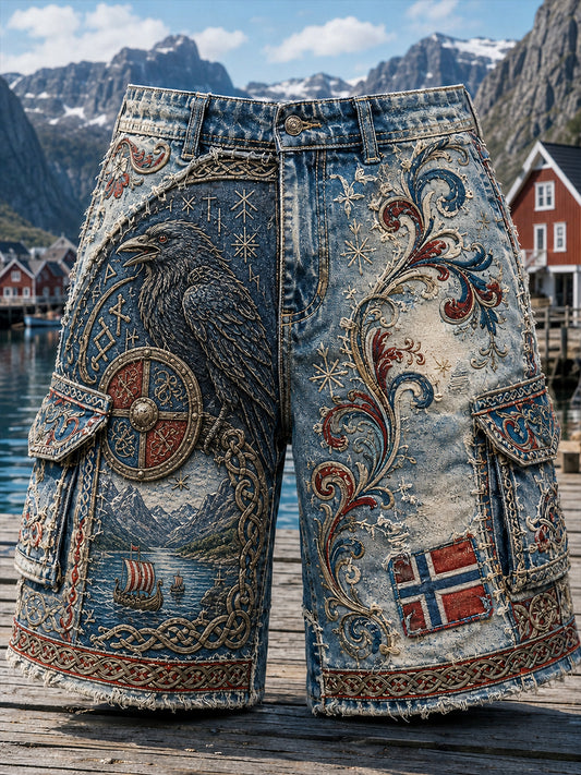Uformelle shorts med vintage norsk viking- og skandinavisk folkekunsttrykk