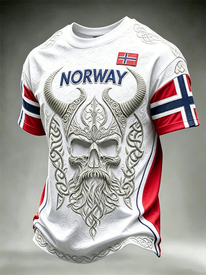 Herrer Norge vikingkriger hodeskalle keltisk knute flaggtrykk t-skjorte med kortermetærmer