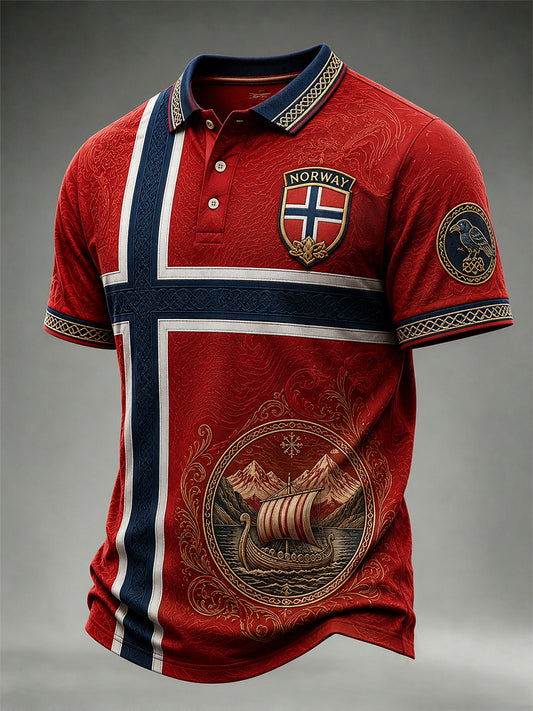 Uformell poloskjorte med vintage norsk viking-/skandinavisk folkemotivtrykk