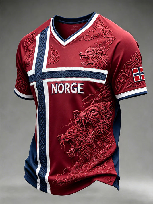 Menns retro norsk vikingdyremønster trykt hverdagslig t-skjorte med korte ermer