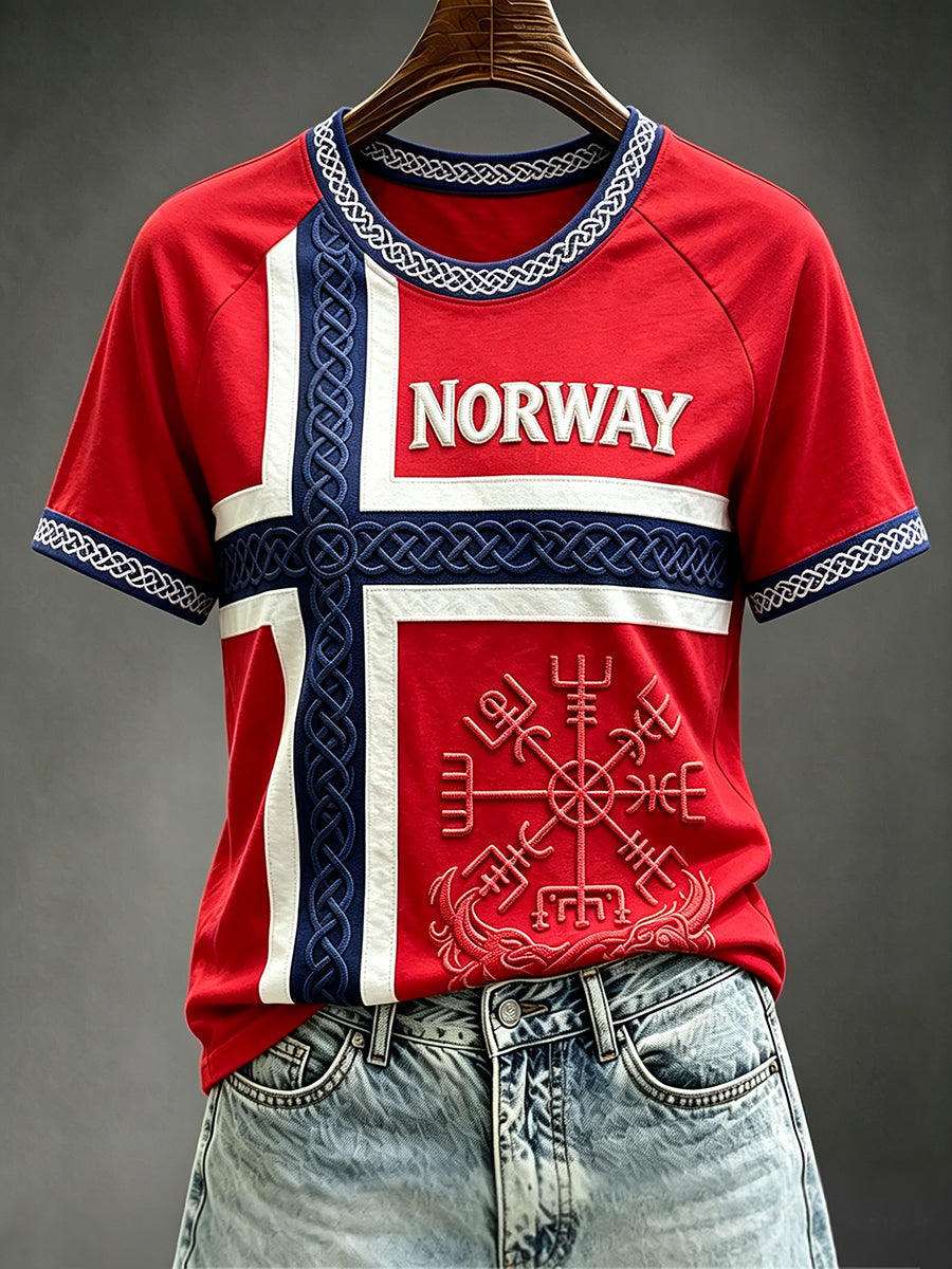 Dame-T-skjorte med rund hals og kort erme, vikingmotiv vegvisir og keltisk mønster