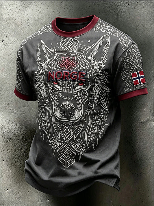 Menns retro norsk vikingdyremønster trykt hverdagslig t-skjorte med korte ermer