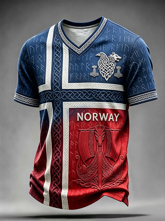Vintage viking-inspirert keltisk T-skjorte for menn med Norgesflaggtrykk og V-utringning