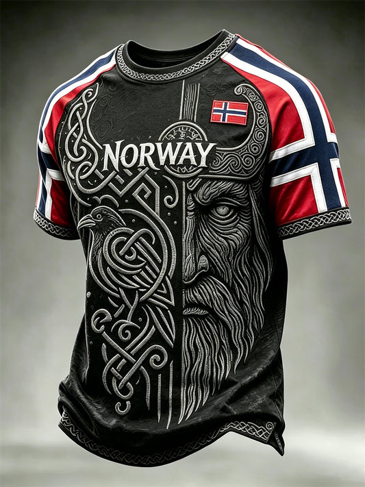 Menns Norge Viking Warrior & Raven Celtic Knott Flag Skriv ut korte ermer t-skjorte