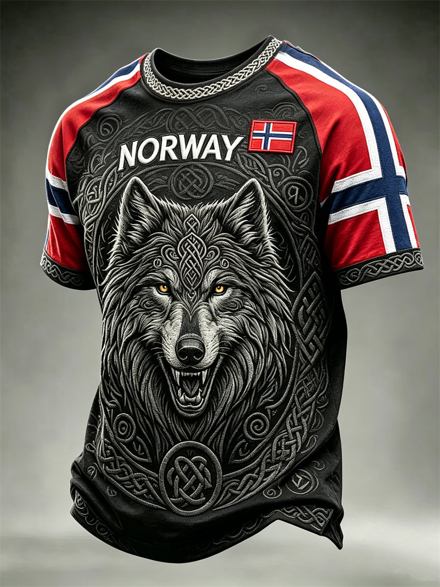 Herrer Norge viking ulv Fenrir keltisk knute flaggtrykk t-skjorte med kortermer
