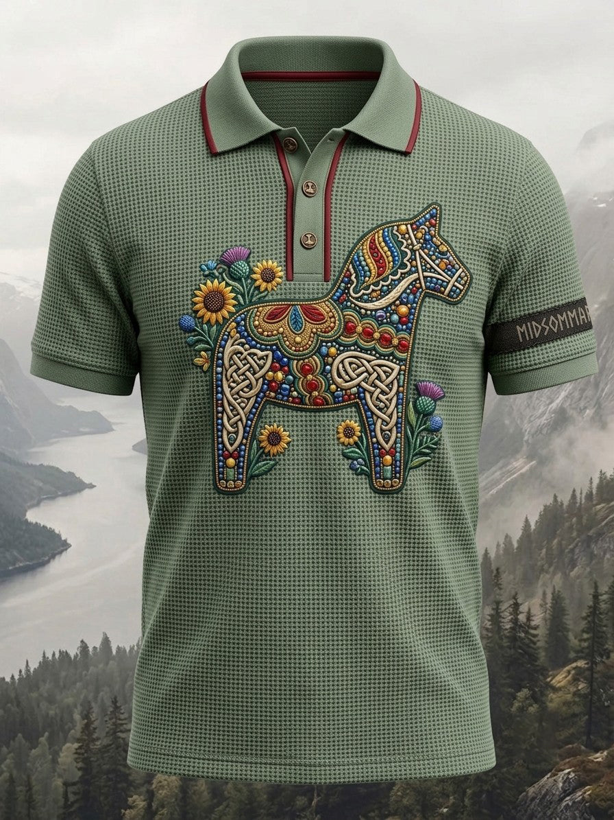 Herr Retro Svenska Dala Häst våffla Kort ärm Polo tröj
