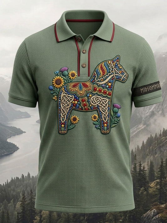 Herr Retro Svenska Dala Häst våffla Kort ärm Polo tröj
