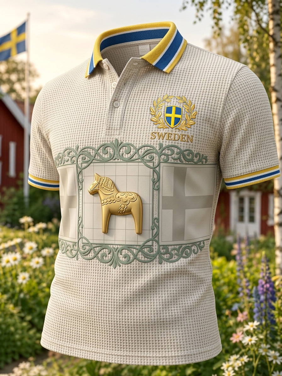Herrpolotröja i retrostil med svensk dalahäst, vårfodrad och kortärmad