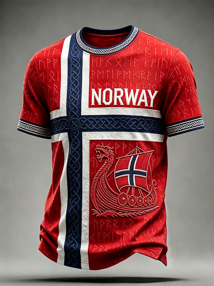Menns Vikinge Runer og langskip kunst Celtic Norge Flag Skriv ut Kortærme T-skjorte