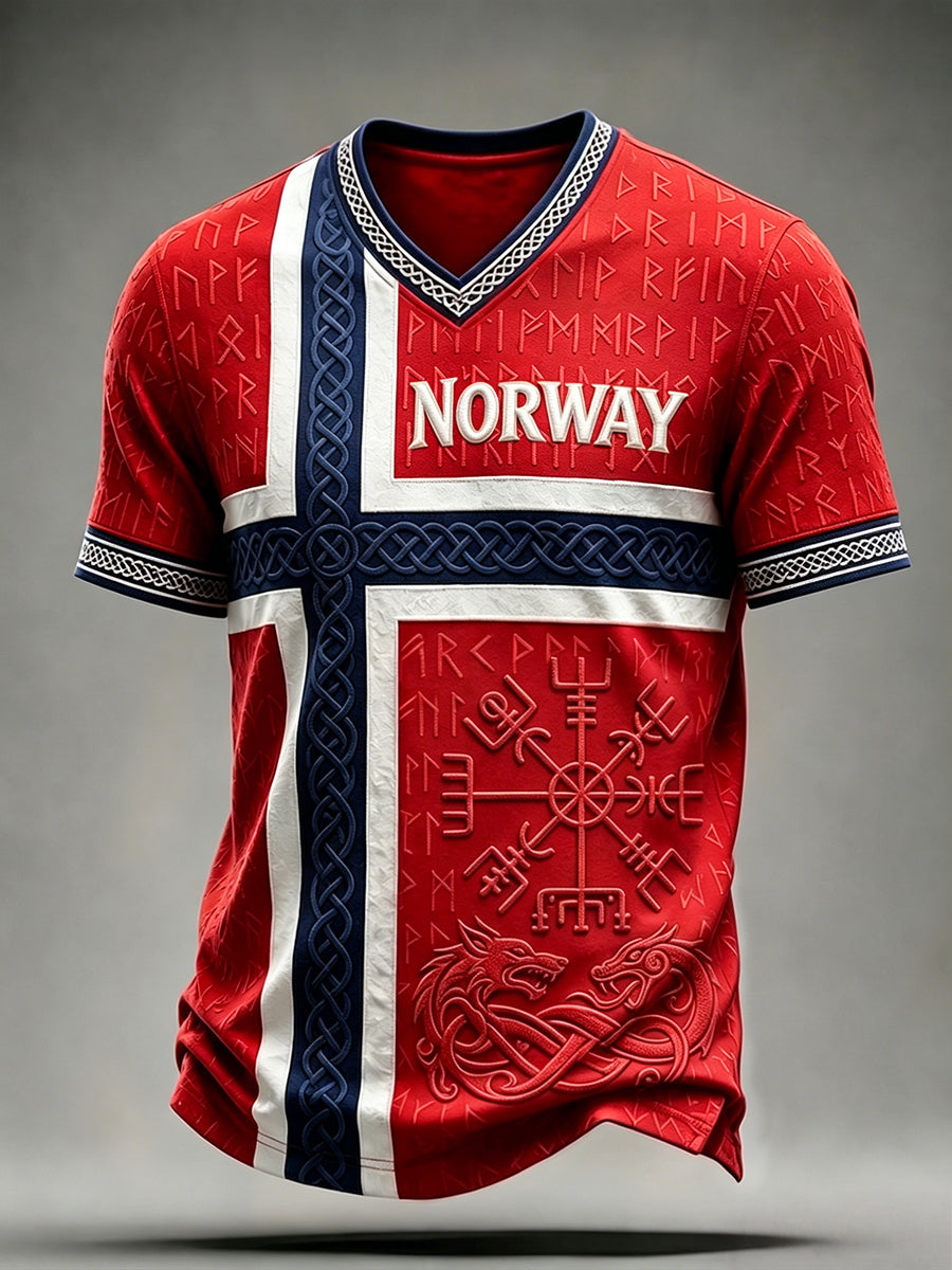 Menns Viking Vegvisir Runes Celtic Norge Flag Print V-hals T-skjorte