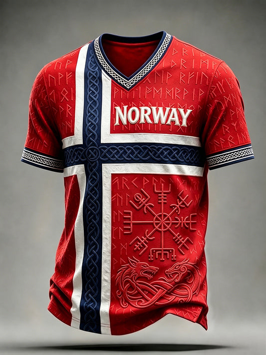 Menns Viking Vegvisir Runes Celtic Norge Flag Print V-hals T-skjorte