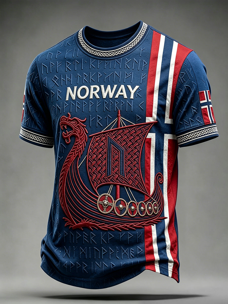 Menns Viking langskip og runes kunst Norge Flag utskrift Kortærmer T-skjorte