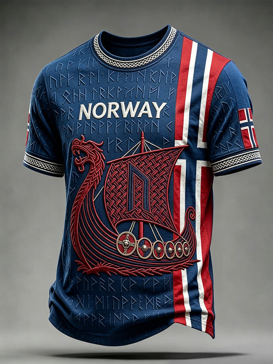 Menns Viking langskip og runes kunst Norge Flag utskrift Kortærmer T-skjorte