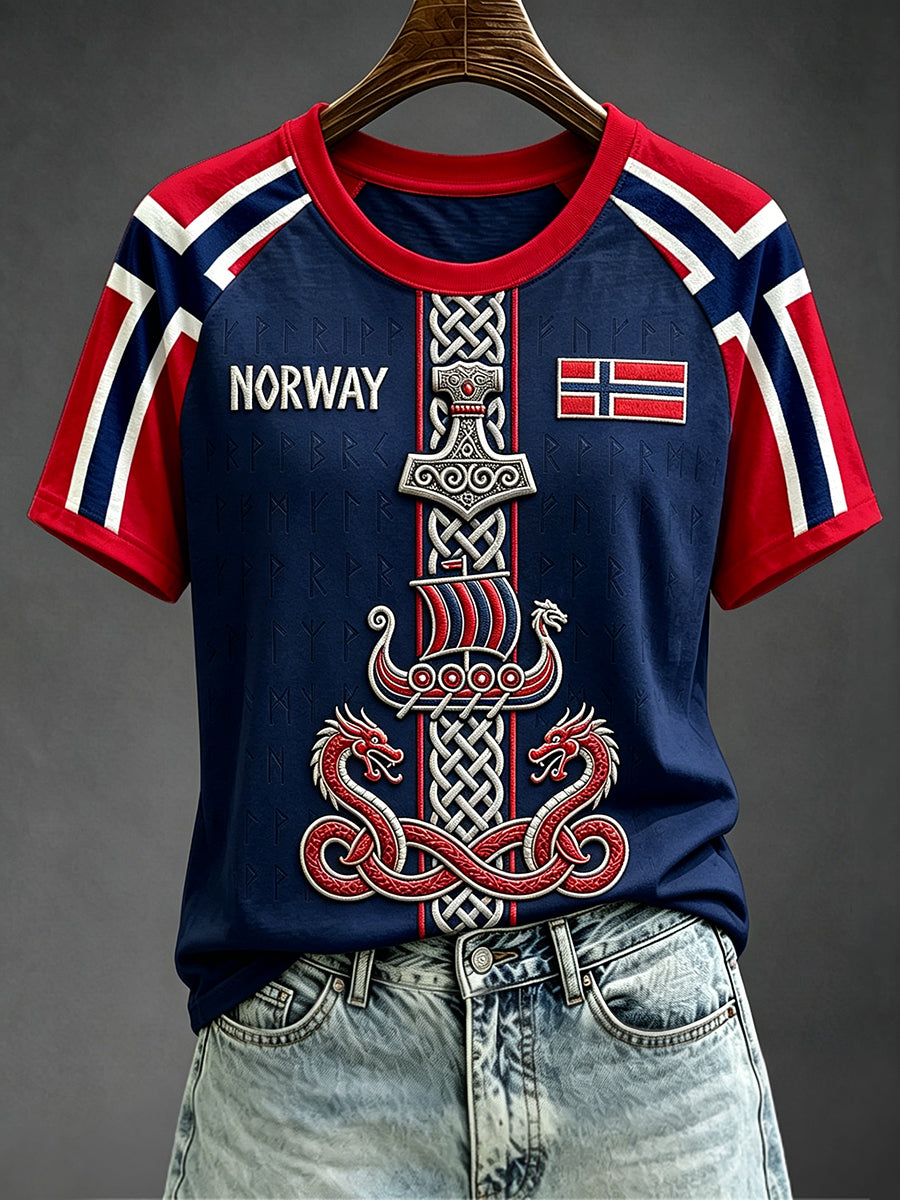 Kvinner Viking kunst Norge Flag Skriv ut med rund hals Kort erme T-skjorte