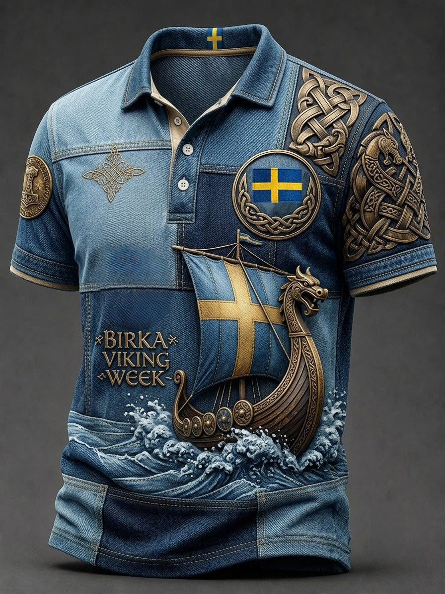 Herrpolotröja i retrostil med svensk vikingamotiv