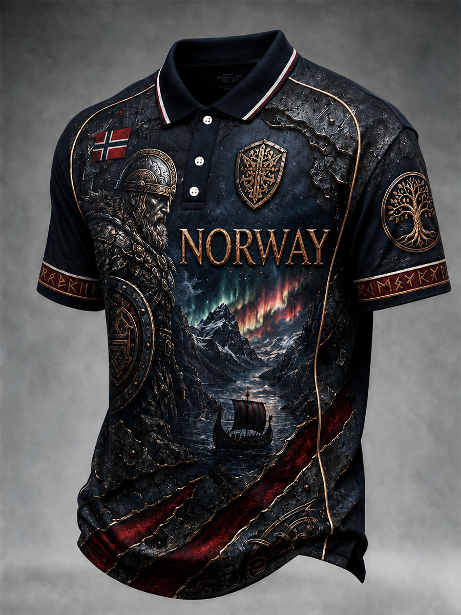 Retro nordisk vikingstil grafisk avslappet poloskjorte