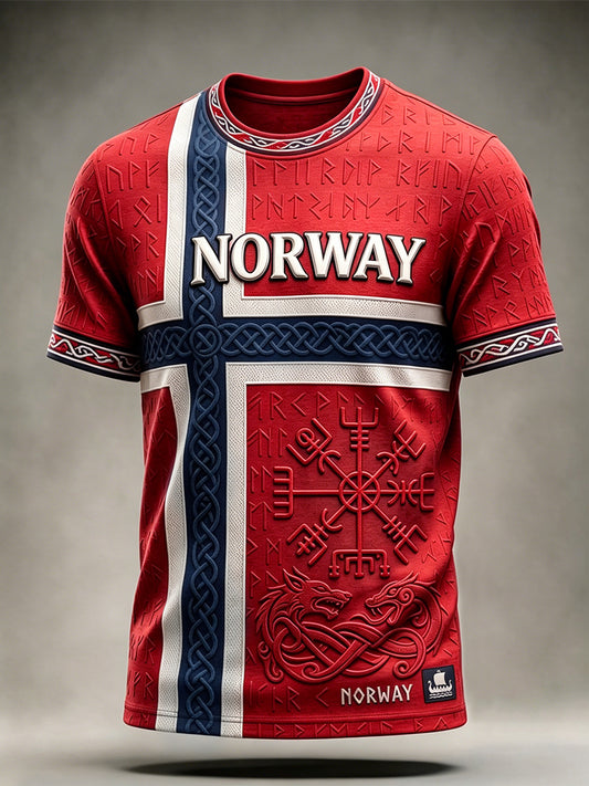 Menns Viking-inspirert mønster keltisk Norgesflagg-print t-skjorte med kortermete ermer