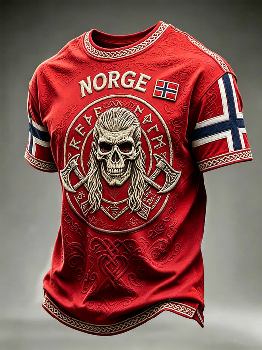 Herrer Norge vikinghodeskalle keltisk knute flaggtrykk t-skjorte med kort ermer