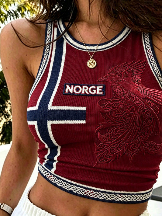 Kvinners retro norske vikingdyremønster trykt hverdagsvest