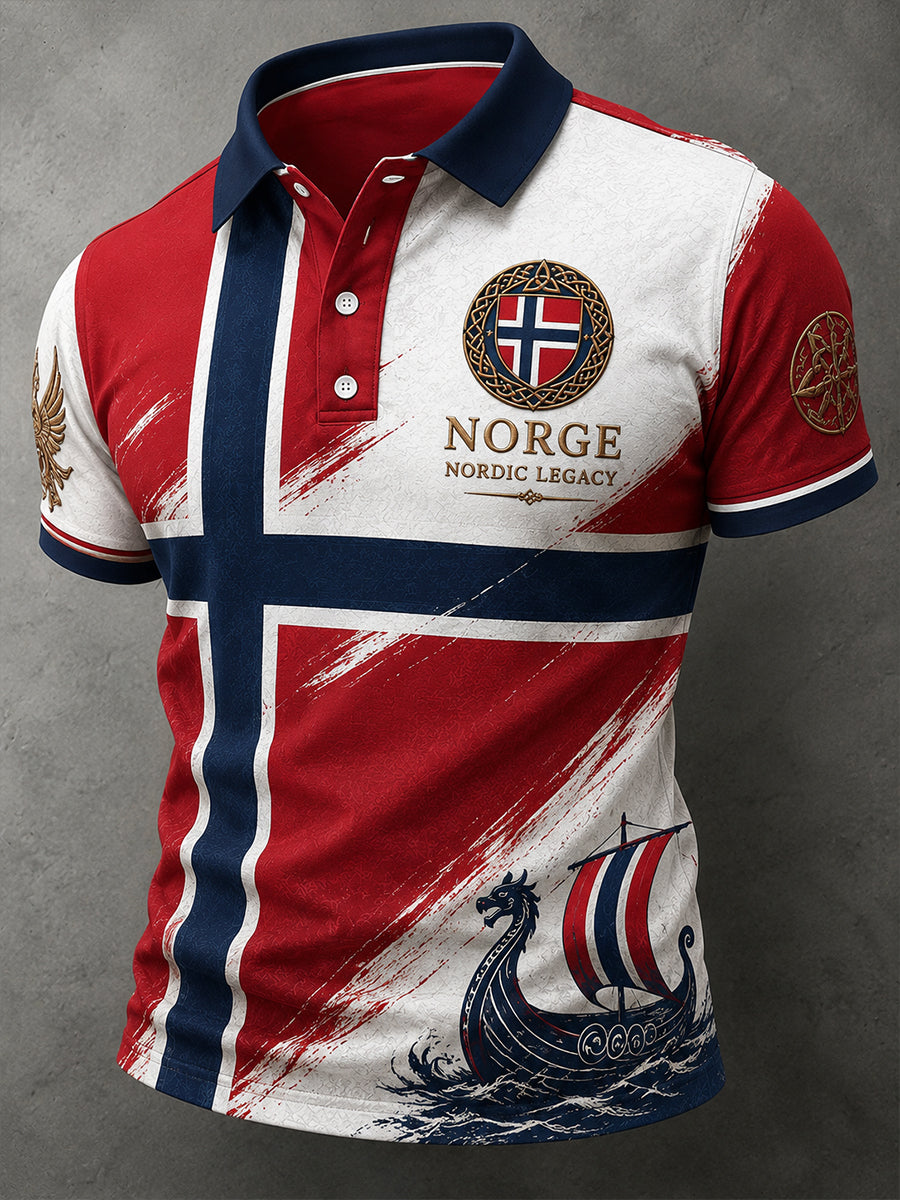 Retro nordisk vikingstil grafisk avslappet poloskjorte
