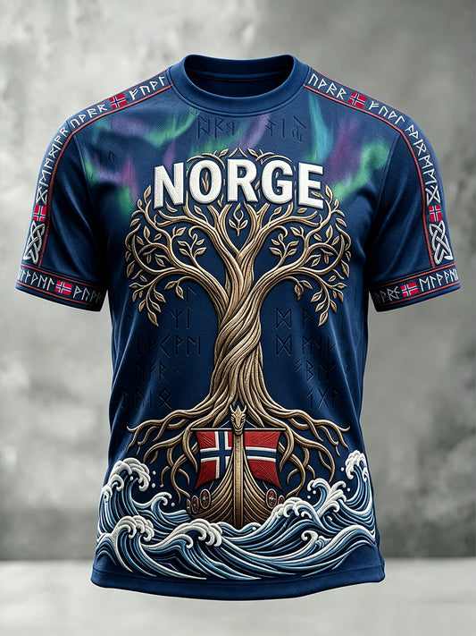 Menns Vikinge Tree of Life Art Norge Flag Skriv ut korte ermer T-skjorte