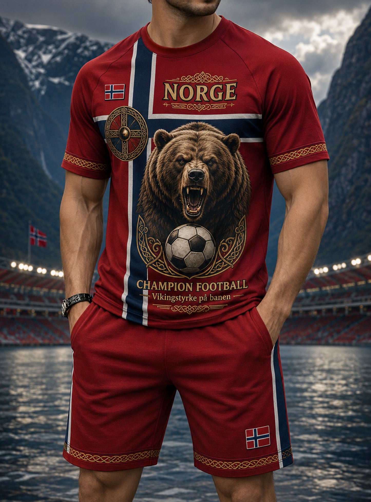 Herresett med kunsttrykk på t-skjorter med norsk vikingtema