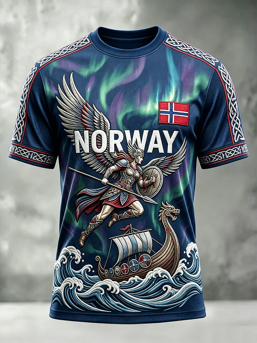 Menns Norge Viking inspirert mønster Aurora Skriv ut Kortærme T-skjorte