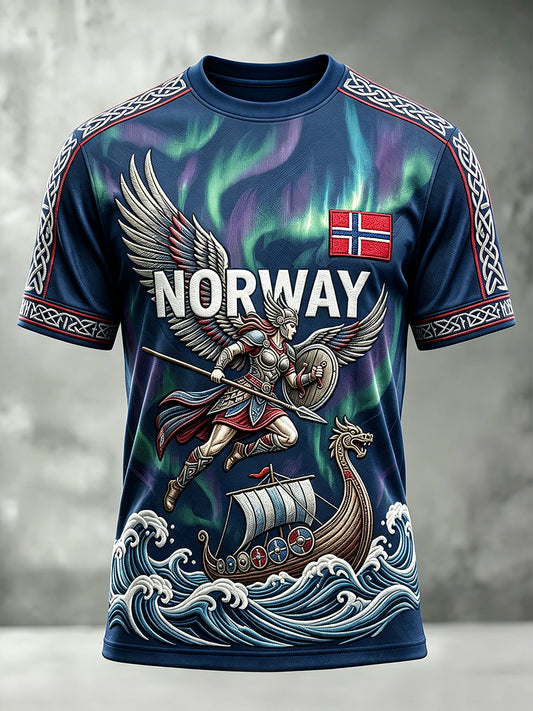 Menns Norge Viking inspirert mønster Aurora Skriv ut Kortærme T-skjorte