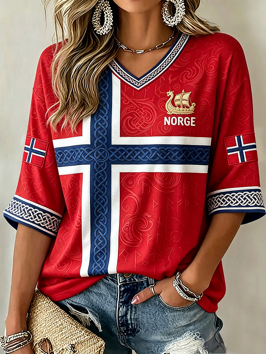 Kvinnernes vikingeskip Celtic Print Midt lengde ermer V-hals T-shirt