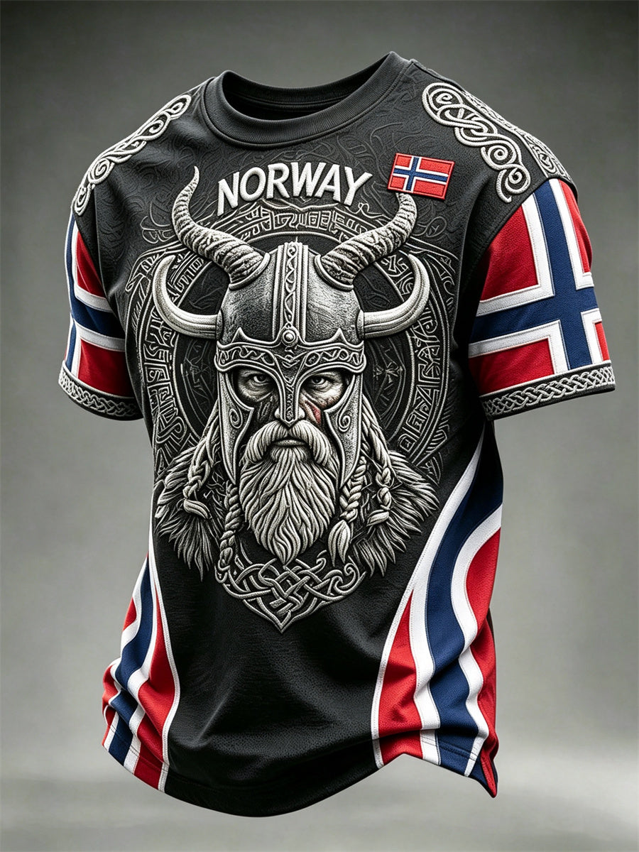 Herre-T-skjorte fra Norge med trykk av vikingkriger og keltisk knute, kortermet