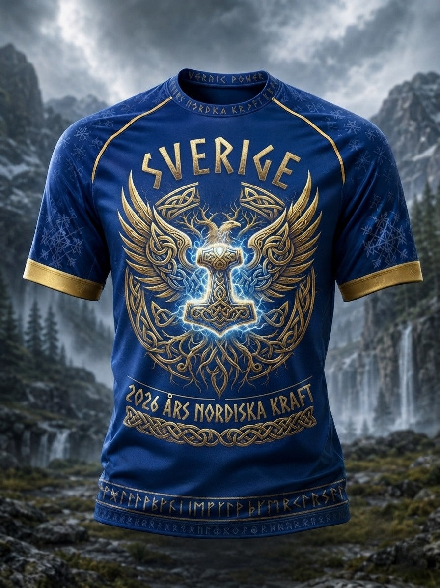 Herrtröja i retrostil med svensk vikingmotiv och korta ärmar
