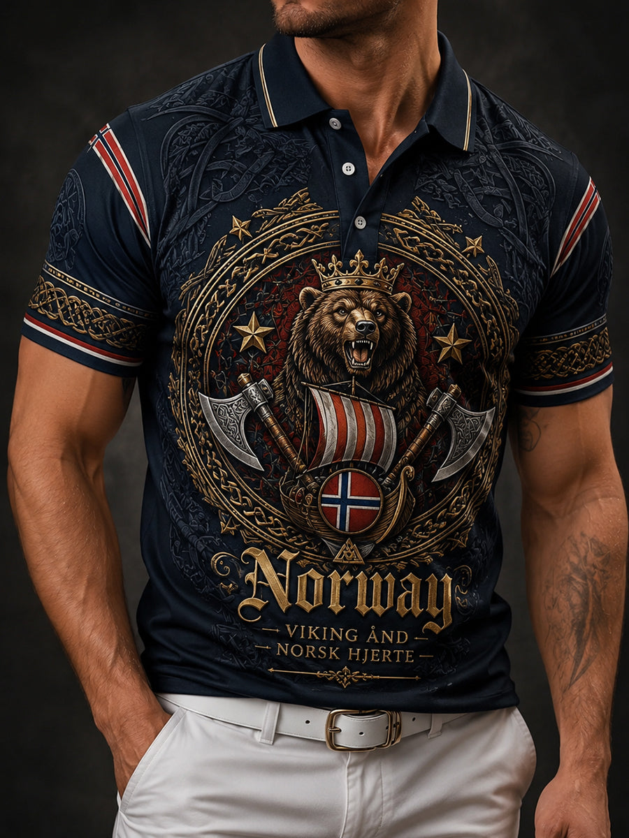 Menns norsk viking-inspirert patriotisk minnepolo med kunsttrykk