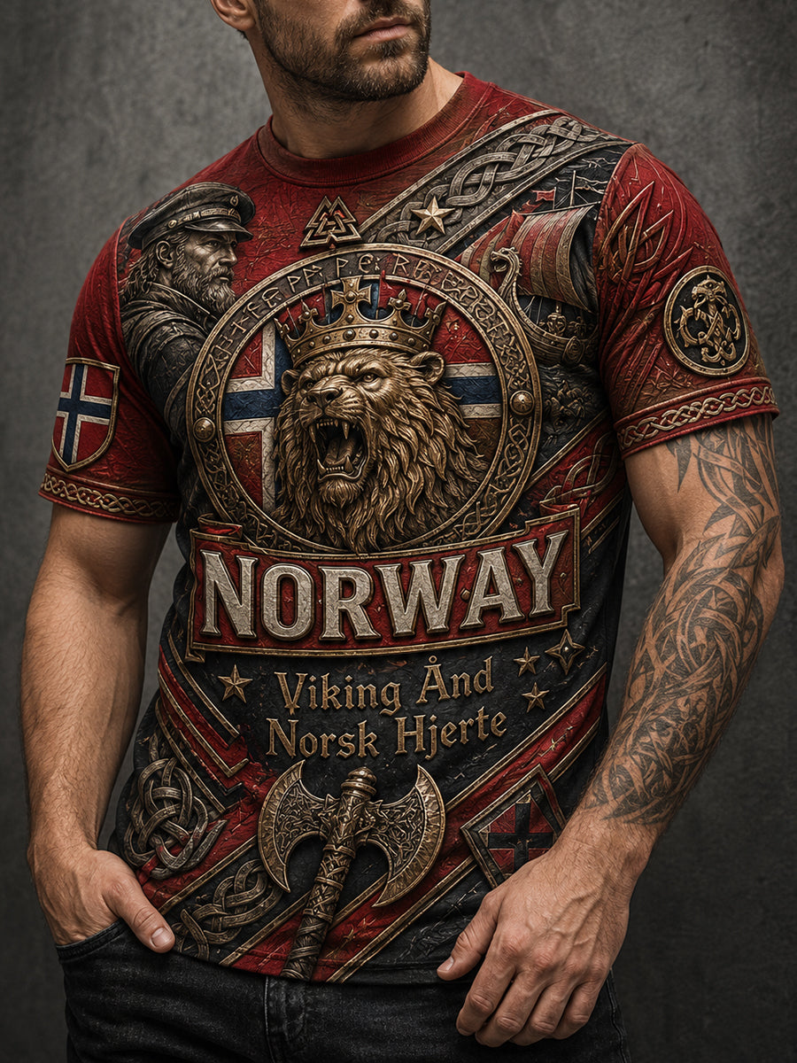 Herrer T-skjorte med norsk viking-inspirert patriotisk minnegrafikk