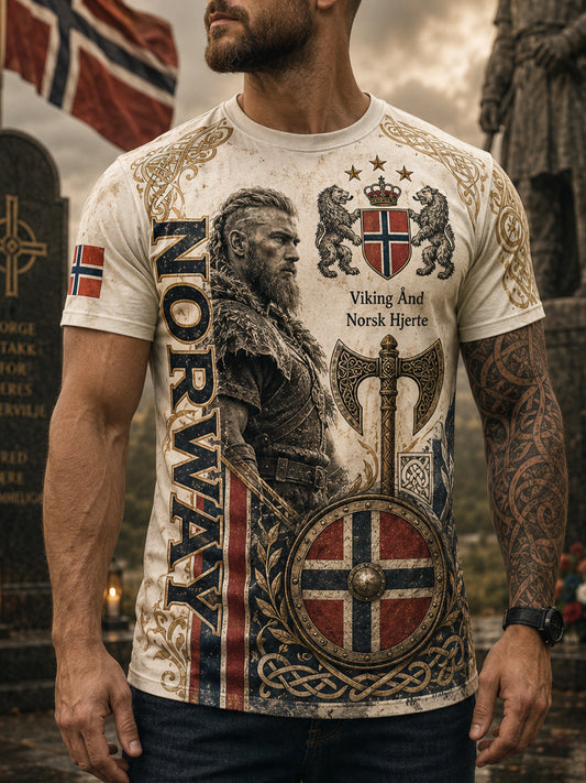 Herrer T-skjorte med norsk viking-inspirert patriotisk minnegrafikk