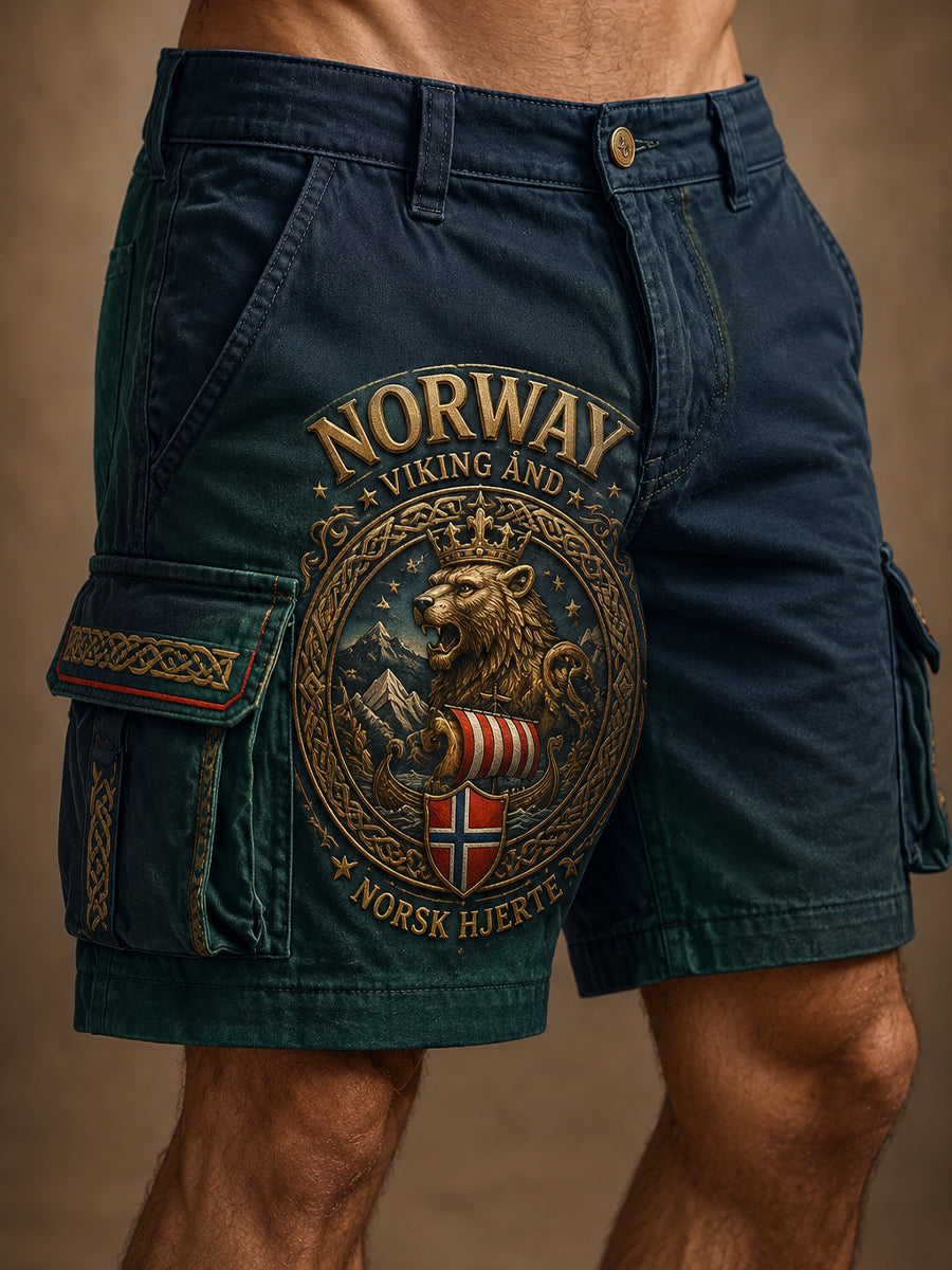 Menns korte bukser med norsk vikingmotiv, patriotisk minneprint