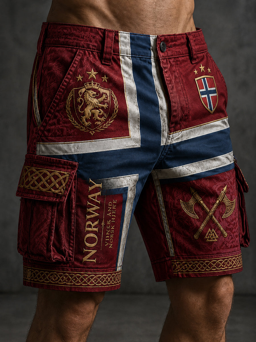 Menns korte bukser med norsk vikingmotiv, patriotisk minneprint
