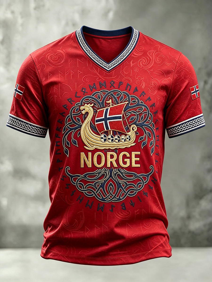 Menns Norge Viking skip Runes Art Flag Print V-hals T-skjorte