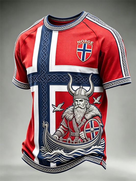 Menns Norge Viking Kriger & Skip Celtic Knott Flag Skriv ut kortærme t-skjorte